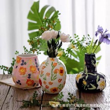 日式纯手绘手捏陶瓷花瓶客厅房间装饰燕尾兰花花插外贸春天花卉