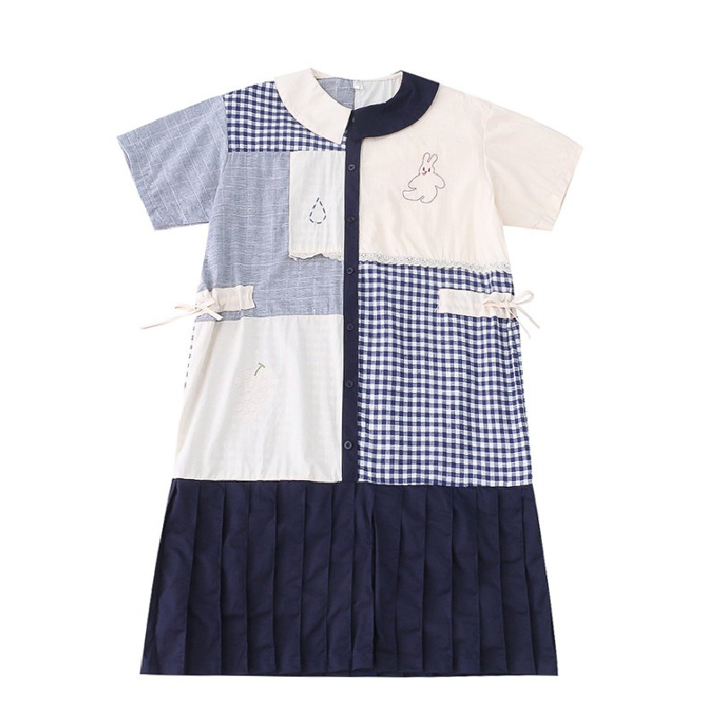 Japanese Vintage Style Pastoral Girl Plaid Stitching Natural Waist Girl's Dress Pleated Dress Niche Design