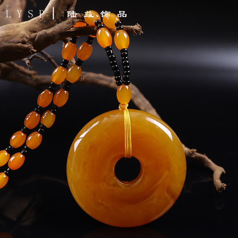 Second Generation Old Beeswax Lucky Pendant Sweater Chain Amber Necklace Long Men's and Women's Autumn and Winter Necklace Women's Neck Pendant Ornaments