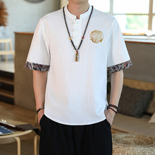 刺绣亚麻短袖T恤男夏季胖子大码半袖中国风男装宽松唐装欧巴贸易