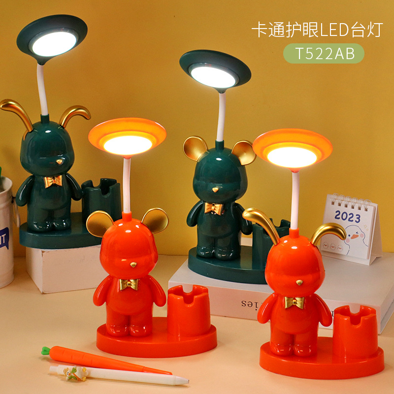 Cartoon Funny Creative Bear Rabbit Table Lamp Desktop Pen Container with Penknife Student Portable Desktop Learning Tools