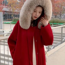 【小魔女网红同款】系带狐狸毛领双面呢大衣女秋冬中长款红色外套