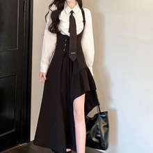 韩版宽松长袖衬衣女学生+学院风吊带连衣裙中长款背带裙单件套装