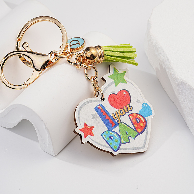 卡通英文彩印爱心钥匙扣跨境父亲节礼物汽车包包流苏钥匙圈链挂件