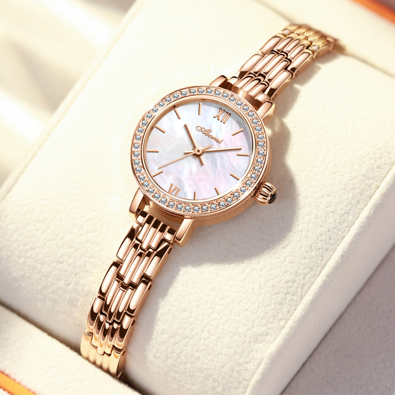 亚铂尼直播爆款小金表女士手表时尚满天星镶钻精钢贝母小表盘女表