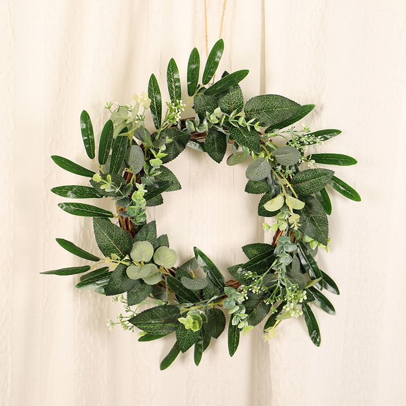 鸿禹 尤加利橄榄枝藤圈花环 仿真绿叶装饰门挂春色节日挂件亚马逊