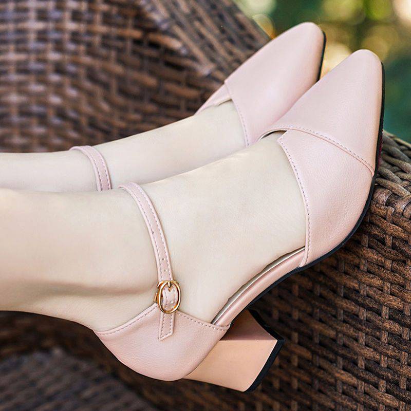 Genuine Leather Closed Toe Sandals Women's Mid Heel 2023 New Leather Shoes Women's Summer Ankle-Strap High Heels Chunky Heel Soft Bottom Women's Shoes