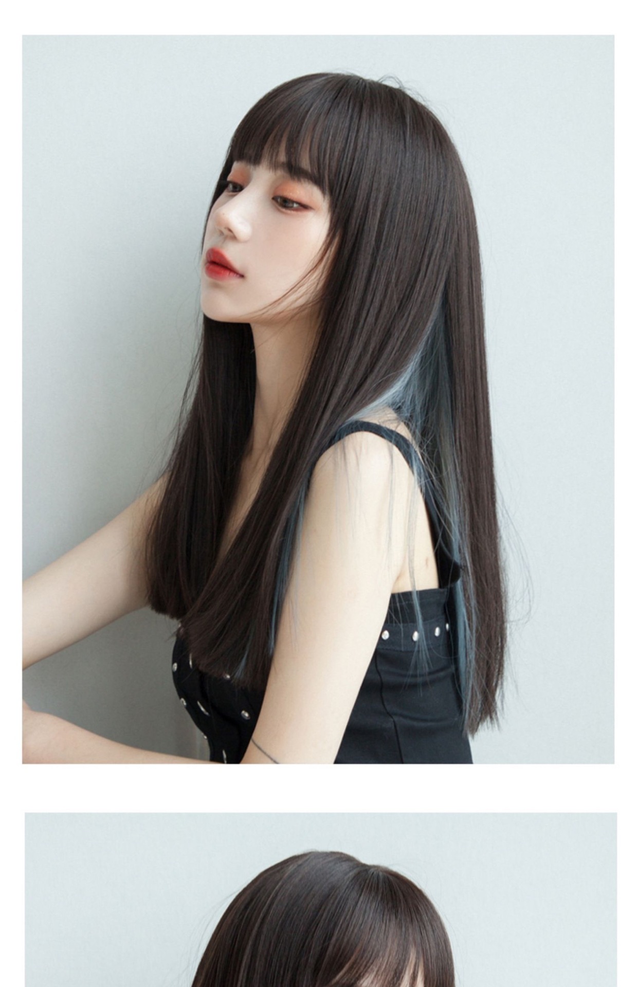 挂耳挑染直发假发女 空气刘海自然全头套黑长直发 中长发假发套