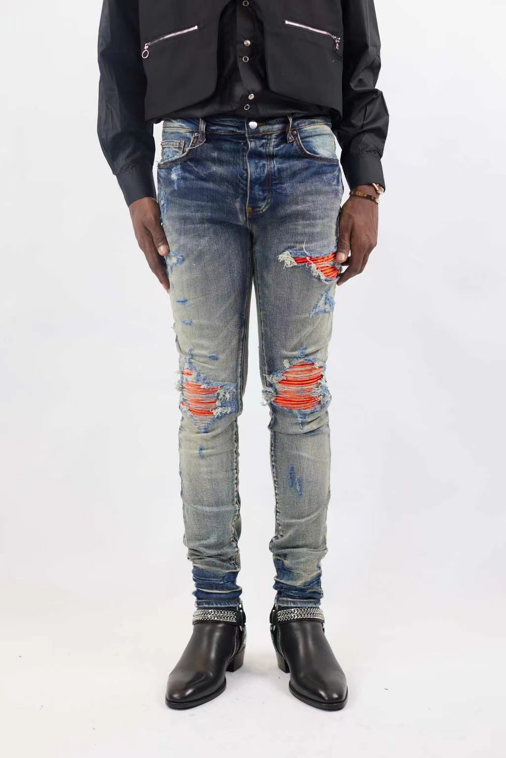 amiri男士牛仔裤欧美潮牌高街拼皮贴花破洞修身直筒牛仔裤男批发