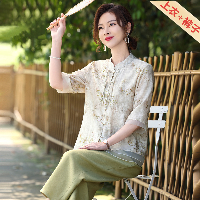 中老年妈妈装短袖套装夏季女新中式妈妈短袖上衣高级感休闲套装女