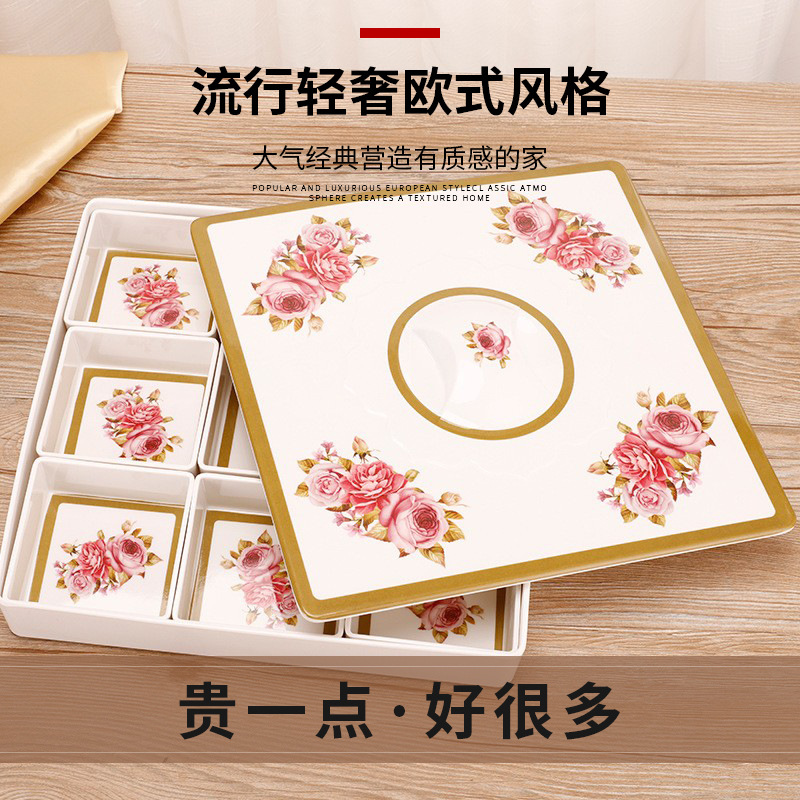 9-Grid Square Decals with Lid Fruit Box Yujing European Melamine Living Room Home Dried Fruit Candy Box Fruit Plate