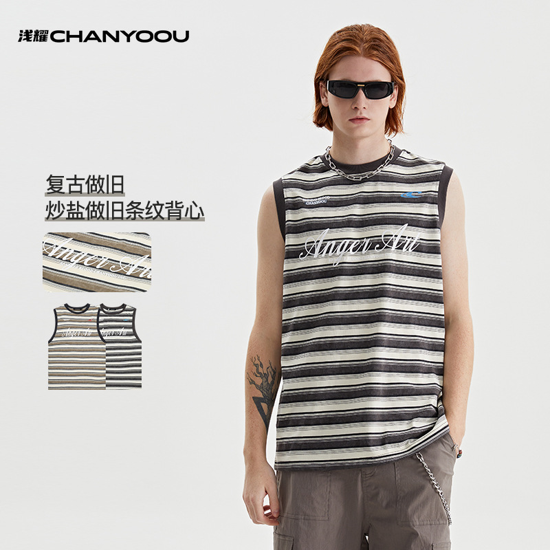 浅耀男装|美式复古条纹坎肩运动背心夏季潮牌宽松休闲百搭无袖t恤