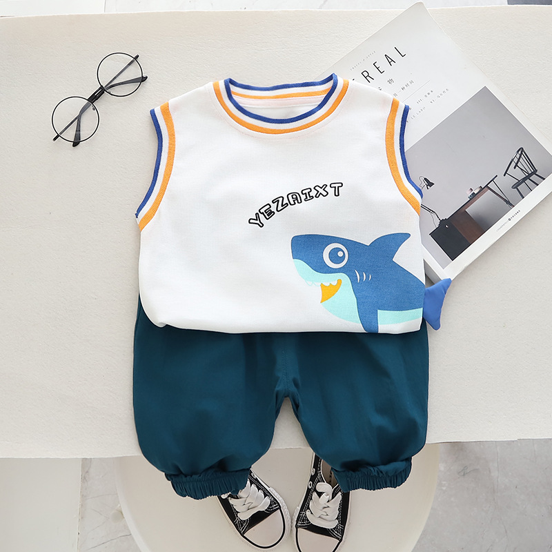 Foreign Trade Children's Wear 2023 Summer New Boys and Girls Shark Cropped Pants Vest Suit Sleeveless Two-Piece Suit Wholesale Fashion