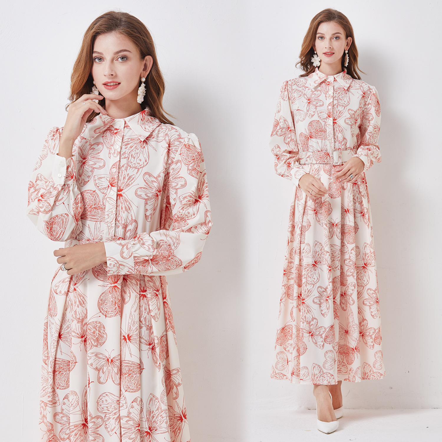 实拍现货欧美时尚明星走秀新款高端女装翻领修身中长款印花连衣裙