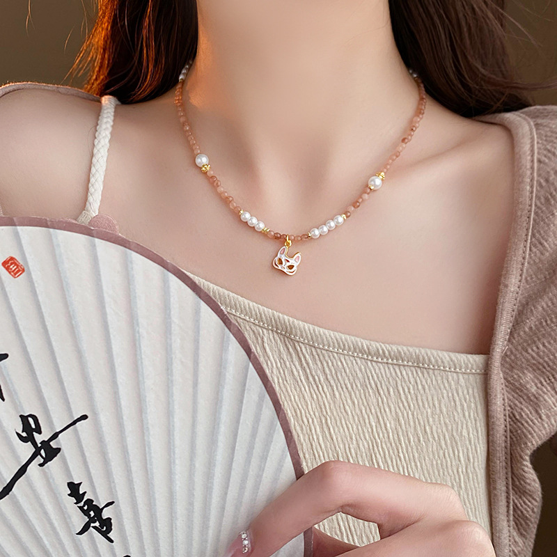 Jade Pearl Fox Mask Necklace Personality Creative Trend Clavicle Chain Minority All-Match High Sense Necklace Wholesale