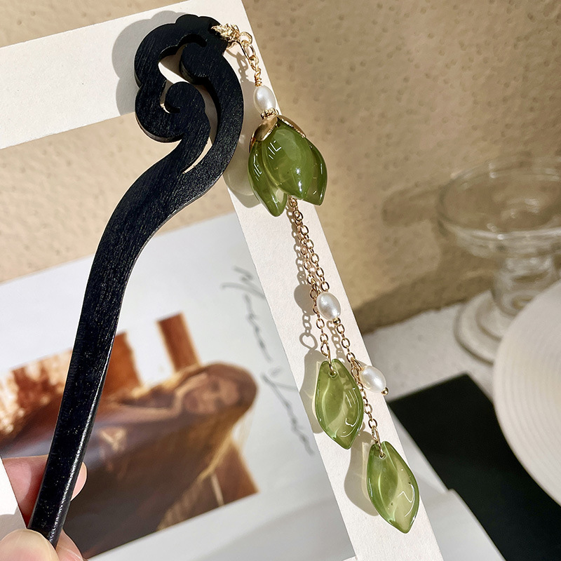 手工绿色荷叶珍珠流苏发簪汉服旗袍日常盘发木簪子古典新中式头饰