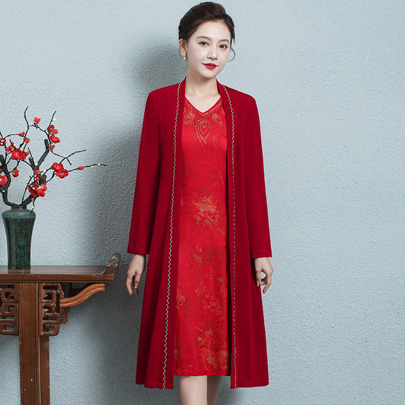 婚礼妈妈春装两件套装提花连衣裙洋气高贵过年红色喜婆婆婚宴装女
