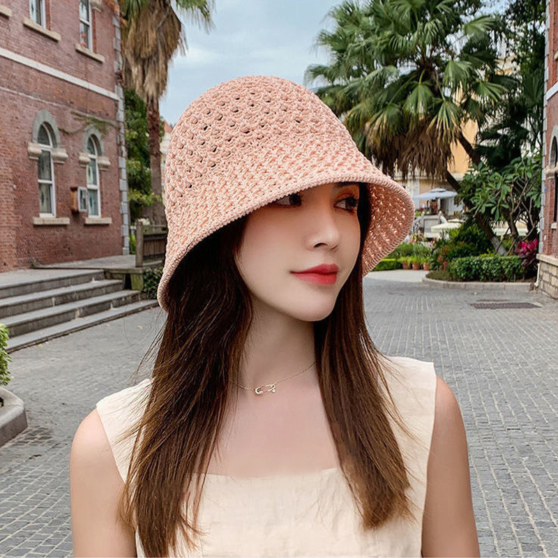 INS Japanese and Korean Style Bucket Hat Hollow out Fisherman Basin Hat Outdoor Knitted Sun Covering Season Sun Protection Hat Female Internet Celebrity