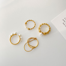 珍珠圆珠戒指女设计开口麻花细钛钢食指双层蛇骨链戒指环