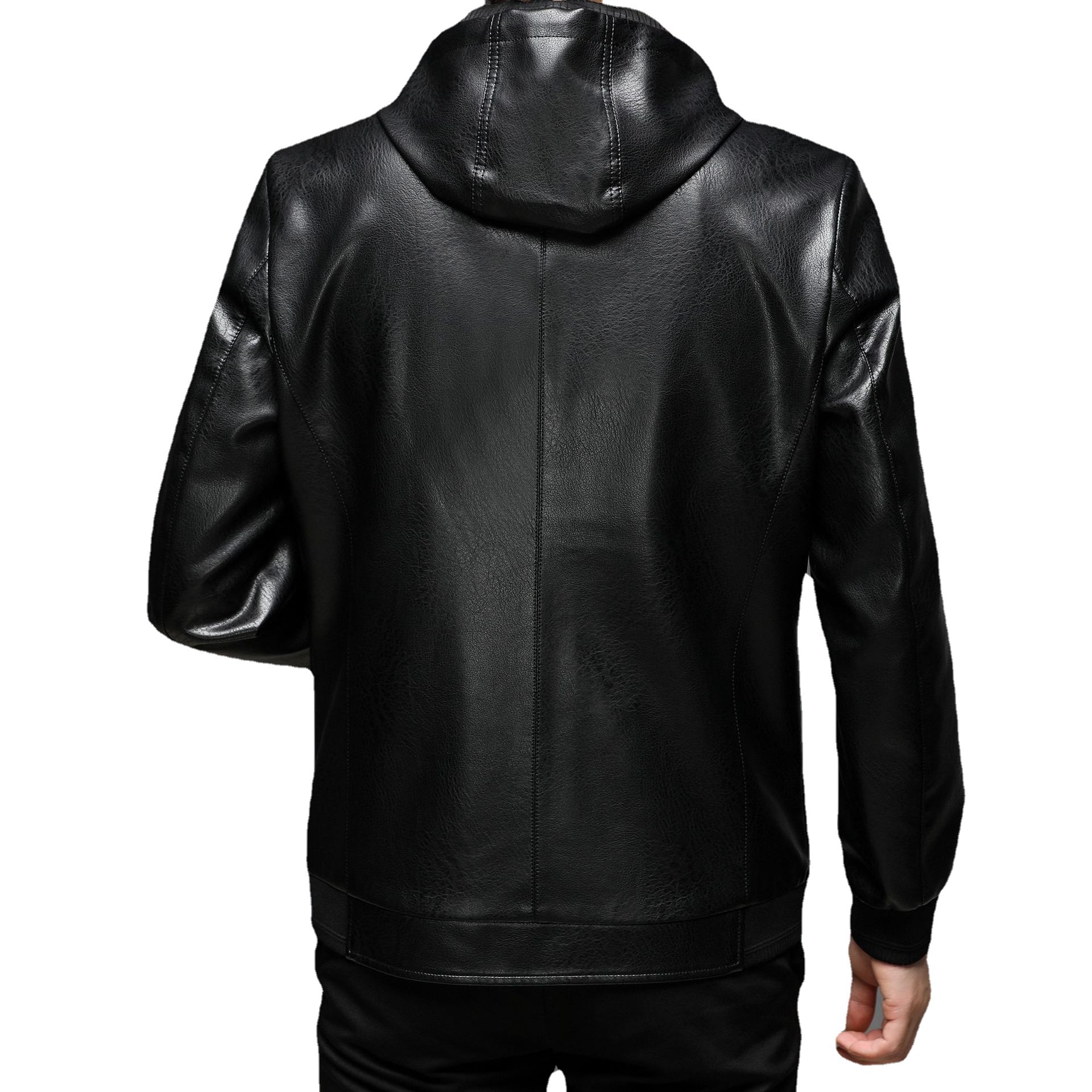 春秋新款连帽可脱卸亮皮衣 轻奢男士纯色防风免烫外贸皮夹克外套