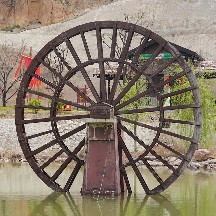 户外大型仿古景观黄河水车 景区网红旋转流水摆件 木制装饰成品