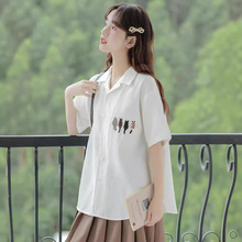 2024夏季新款韩版时尚简约短袖华夫格宽松卡通刺绣衬衫上衣女衬衣