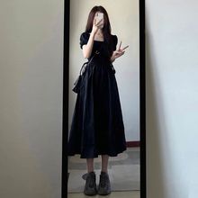 2024春夏季法式名媛风气质连衣裙显瘦简约泡泡袖小个子黑色长裙子