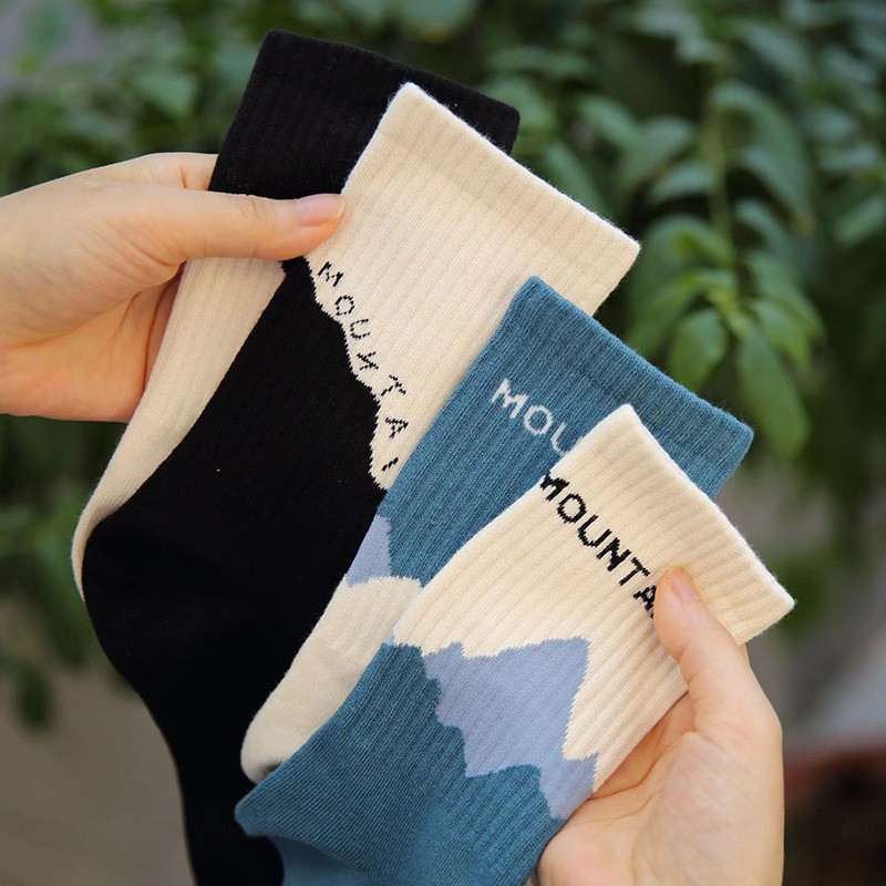 Xiaohongshu Popular Socks Women's Mountain and Sea Socks Pattern Japanese Style Mid-Calf Length Socks Men's Ins Trendy Good Quality Wholesale Socks