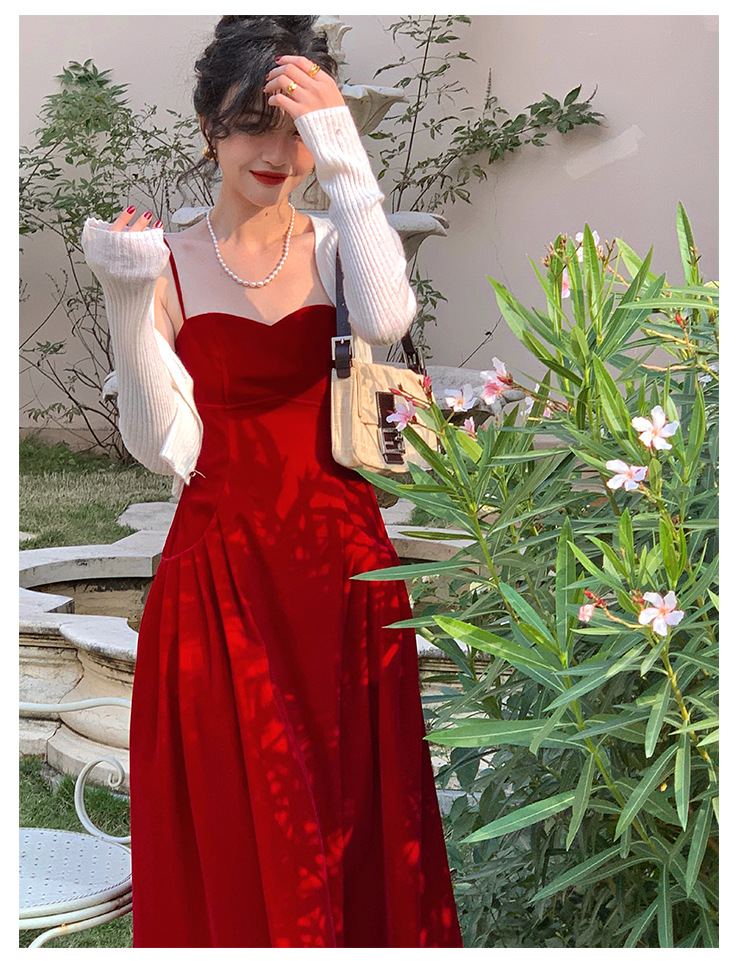 7652法式复古红色吊带裙别致高级感针织开衫赫本风连衣裙两件套装