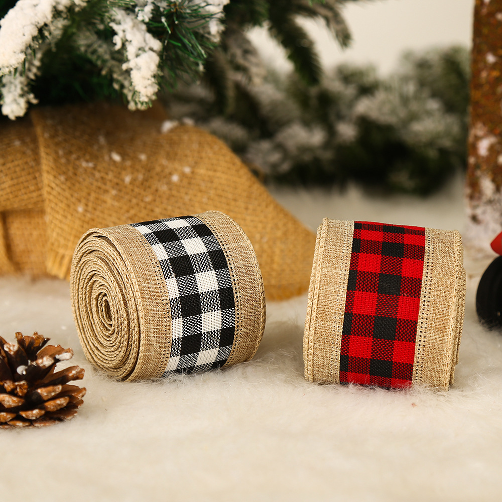 Christmas Supplies 6.5cm Black and White Plaid Linen Covered Christmas Ribbon Bow Ribbon Christmas Tree Decorations