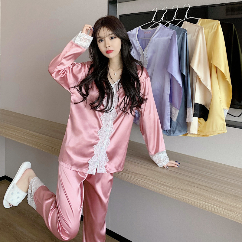 春季睡衣女开衫v领长袖长裤两件套高级感蕾丝公主网红直播家居服