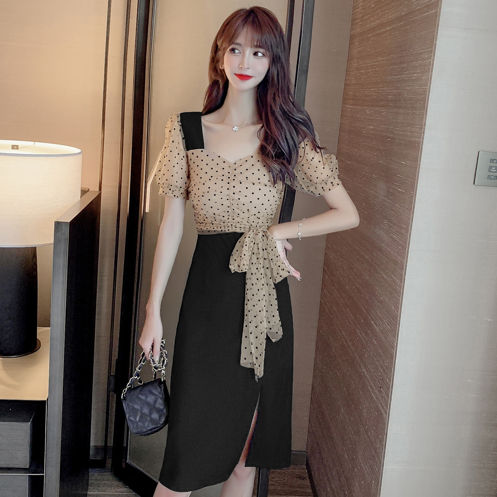 2021夏季新款韩版收腰显瘦气质波点网纱连衣裙轻熟风淑女裙子潮