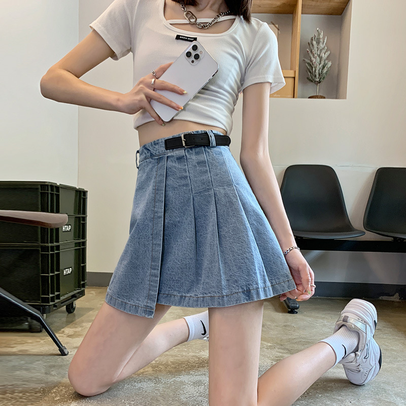 Denim Skirt Women's Summer 2022 New plus Size Plump Girls Pleated Student High Waist Slimming All-Matching A- line Skirt