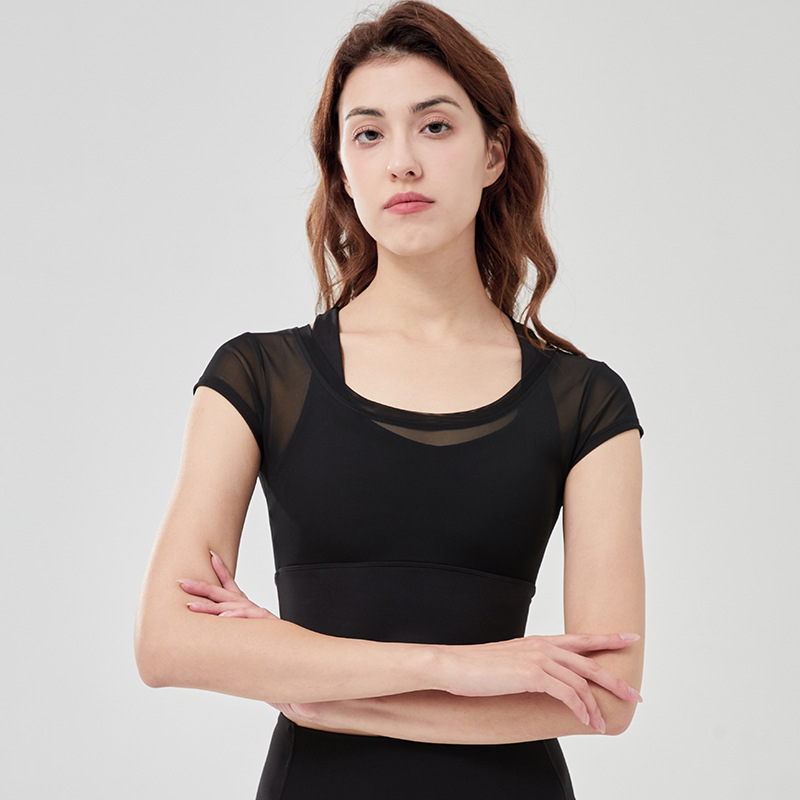 Summer New T-shirt with Chest Pad Short Sleeve Top Mesh Stitching 3 Seconds Wicking Black Technology Breathable Sweat Absorbing Yoga Clothes for Women