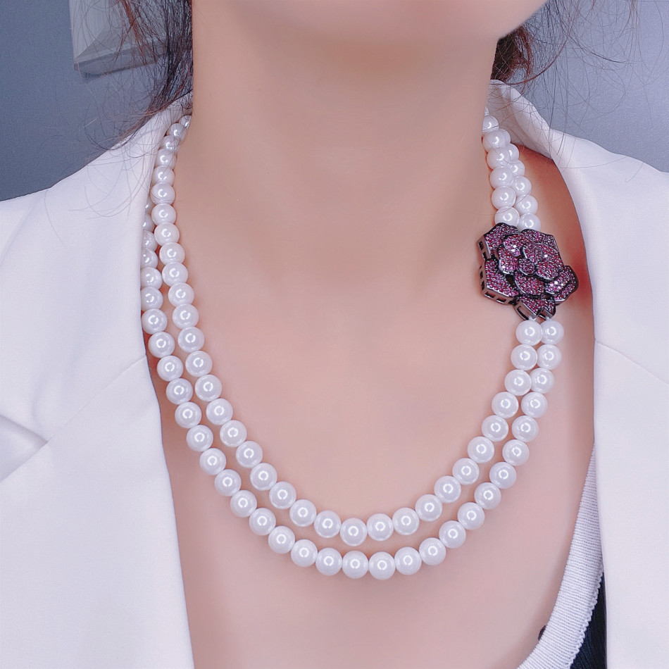 新款天然贝壳珍珠项链紫钻玫瑰花双排项链女士珍珠毛衣链锁骨链