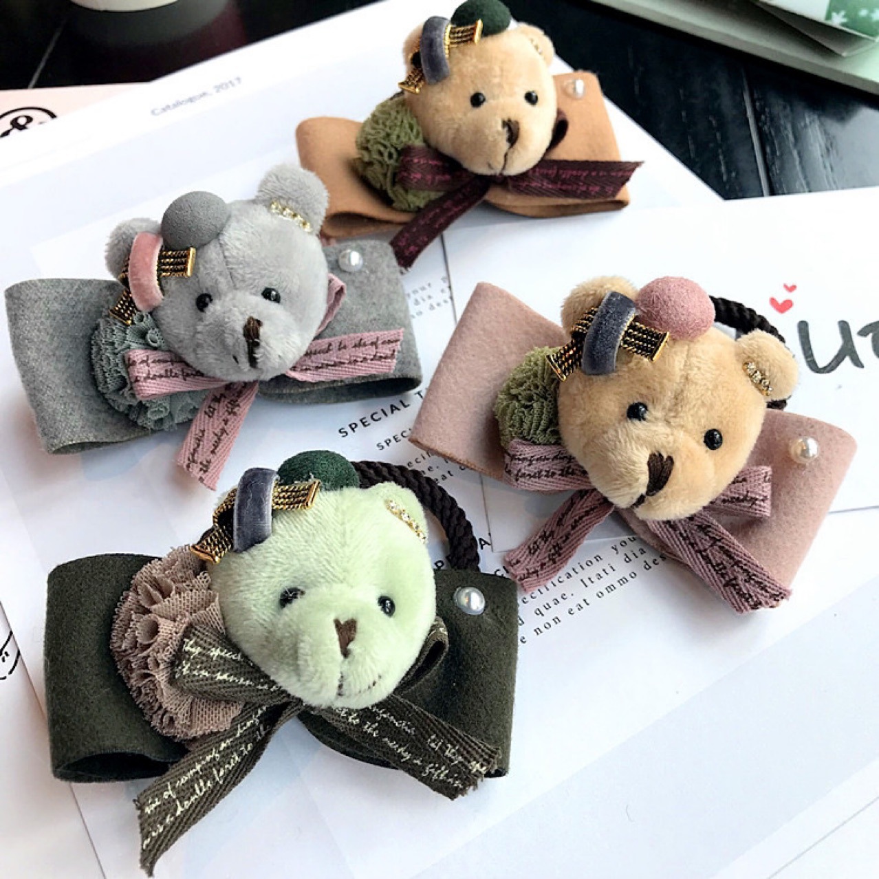 韩国东大门新款外贸布艺小熊头像蝴蝶结发绳发圈粗皮筋头饰头绳