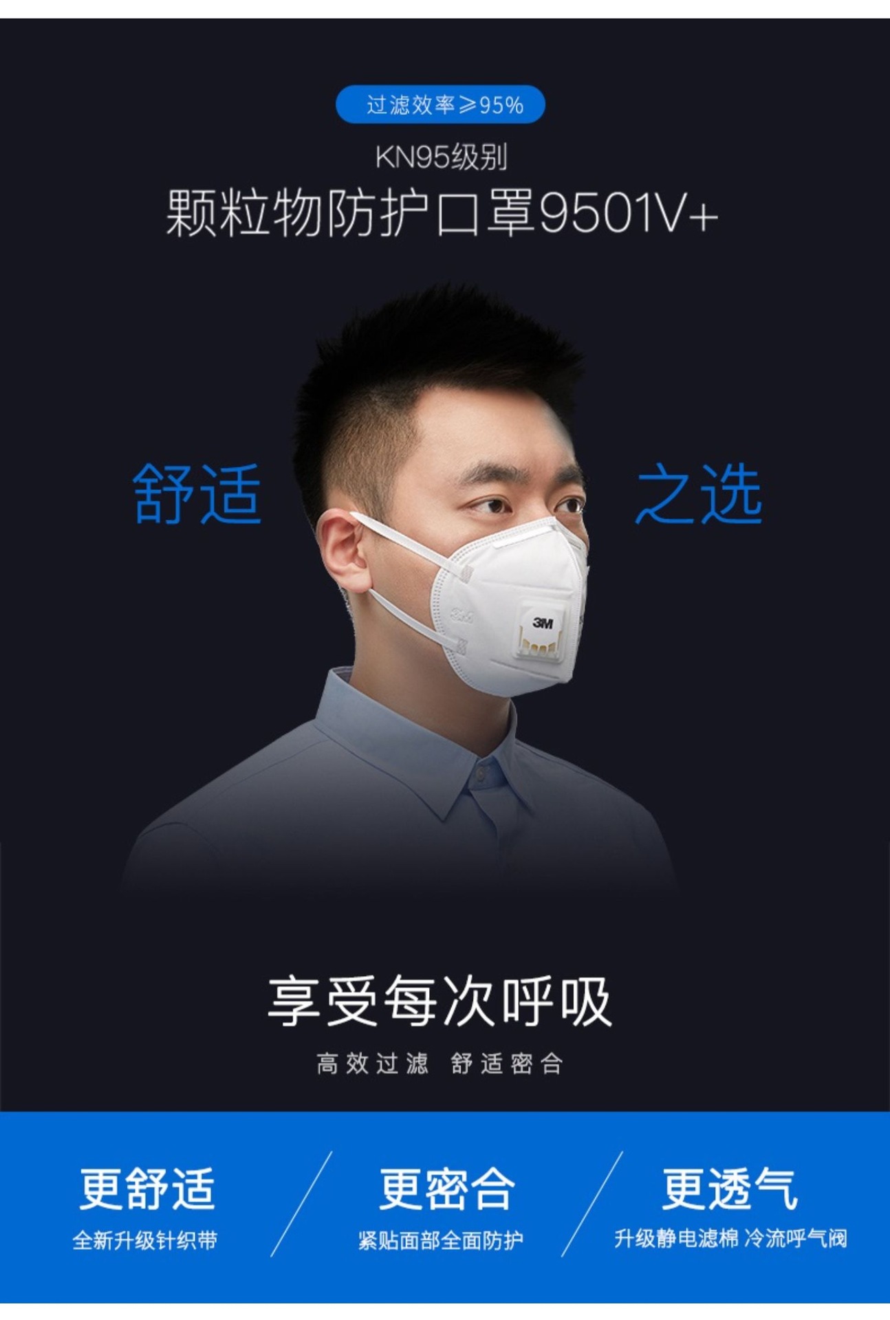 3m9501v 防尘口罩独立盒装3mkn95口罩 9502v 防尘雾霾防风沙pm2.