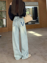 韩版复古风女士牛仔裤子春季2024新款设计感小众高腰显瘦阔腿长裤