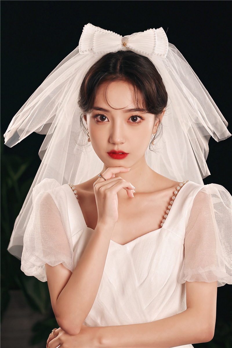 婚纱礼服拍照头纱 摄影旅拍小头纱 珍珠超短花童头饰婚庆