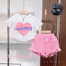 2024夏季女童新款韩版套装字母爱心短袖T恤纯色流苏短裤两件套