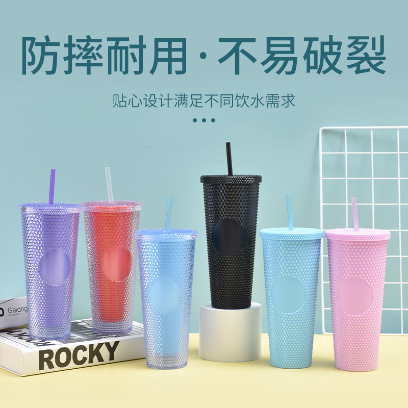 Creative Net Red Diamond Double-Layer Plastic Cup Simple Solid Color Cup with Straw Large Capacity Portable Tie Hand Durian Cup