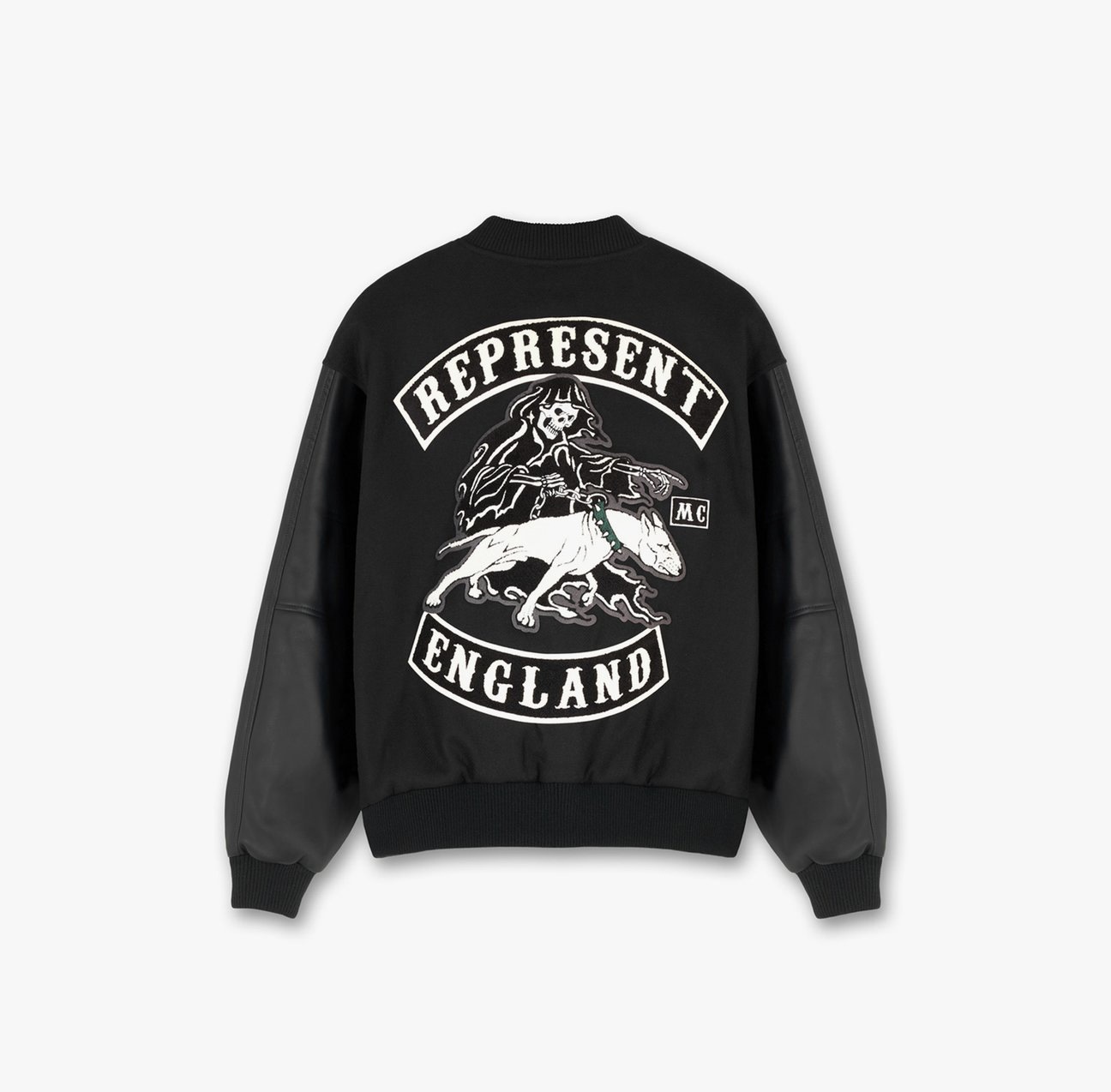 represents黑五限定恶犬刺绣拼接皮袖棒球服夹克棉衣