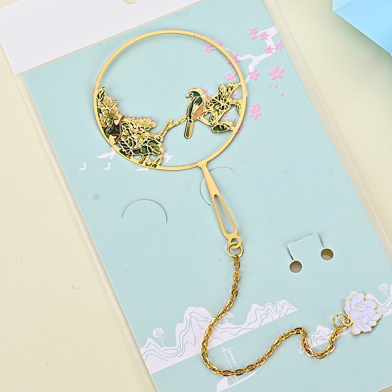 Koi Crane Landscape Circular Fan Bookmark Wholesale Brass Hollow Diy Lettering Small Batch Paint Bookmark Customization