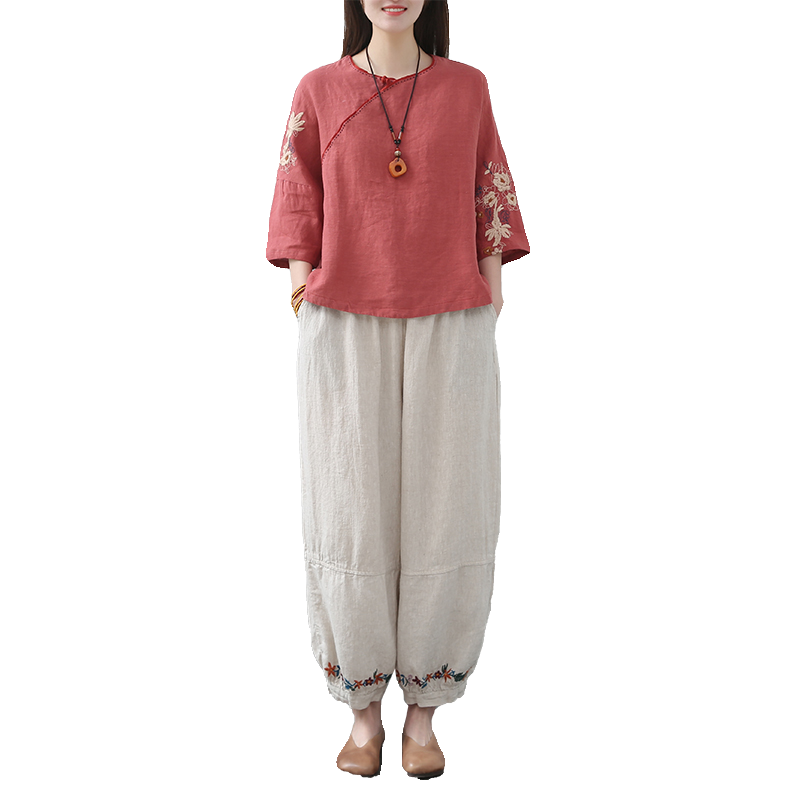 棉麻套装女夏季中国民族风女装文艺复古宽松上衣亚麻妈妈装两件套