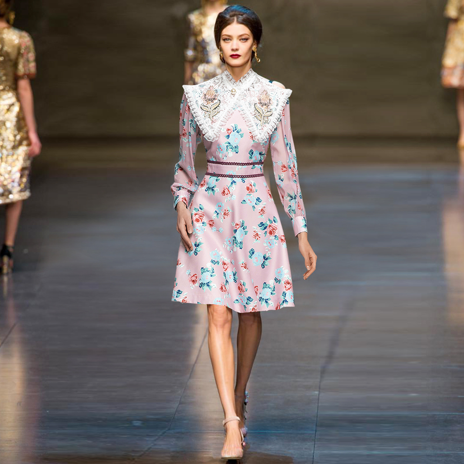 欧美走秀款2021春季女装 蕾丝刺绣领长袖印花收腰中长款连衣裙女