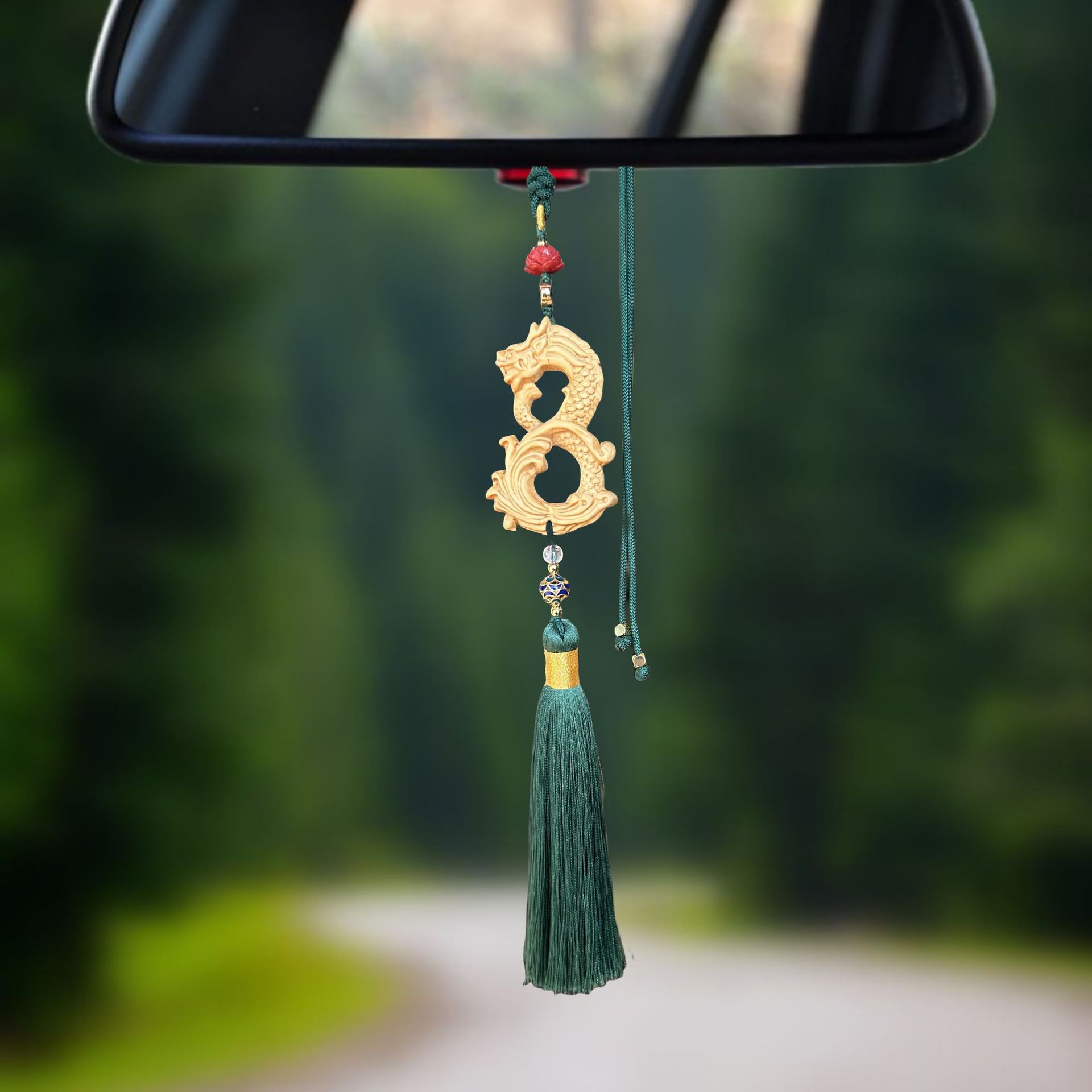 龙年大吉汽车挂件檀木龙车内挂饰品一路顺风流苏款后视镜汽车用品