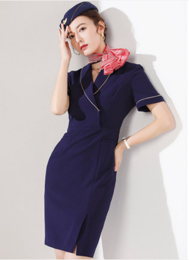艾尚臣藏青色连衣裙女职业空姐制服ol工装修身显瘦医美工作服夏季