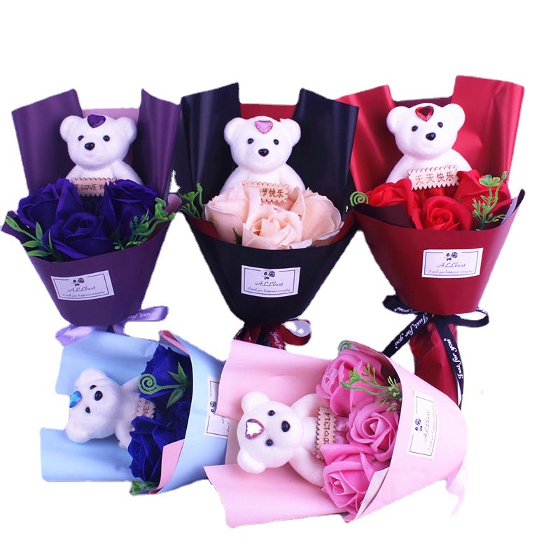 Valentine's Day Gift 3 Soap Flower Artificial Rose Little Bear Cartoon Doll Bouquet Gift Box Qixi Confession Girlfriend