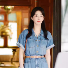 韩版polo领单排扣短袖牛仔裙连衣裙女夏季中长款连身裙子