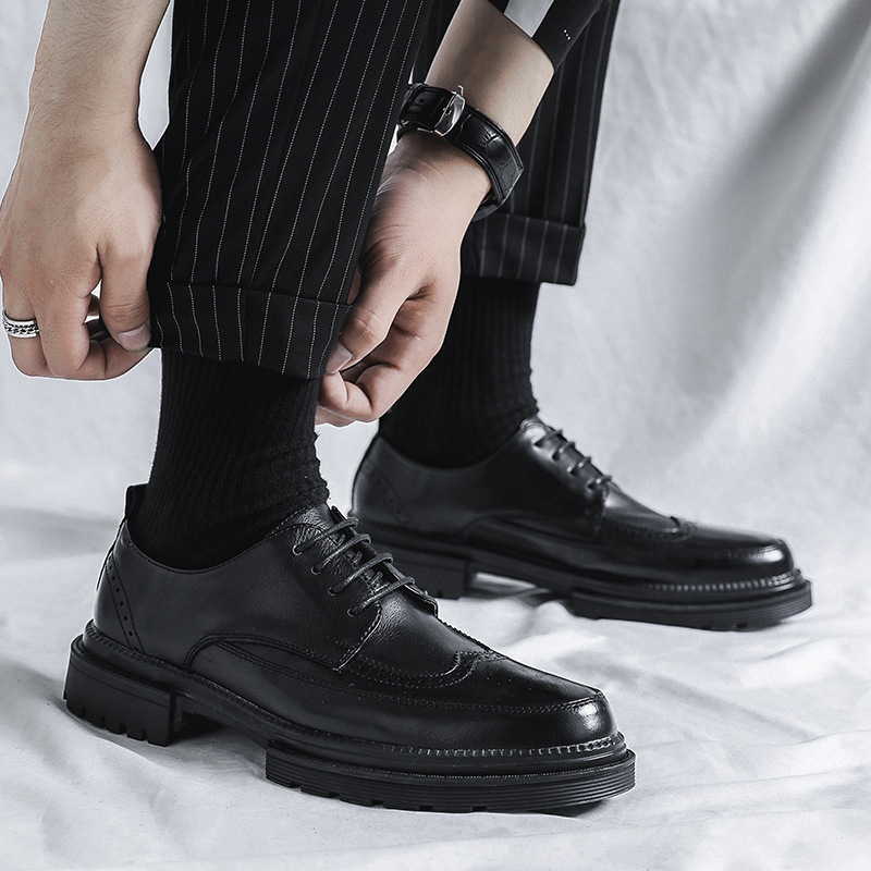 西装风休闲增高新郎厚底男士鞋黑色英伦皮鞋结婚正装男商务布洛克